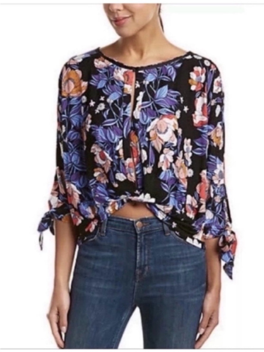 Free People Keepin' On shirt black floral twist front cut outs tie sleeves